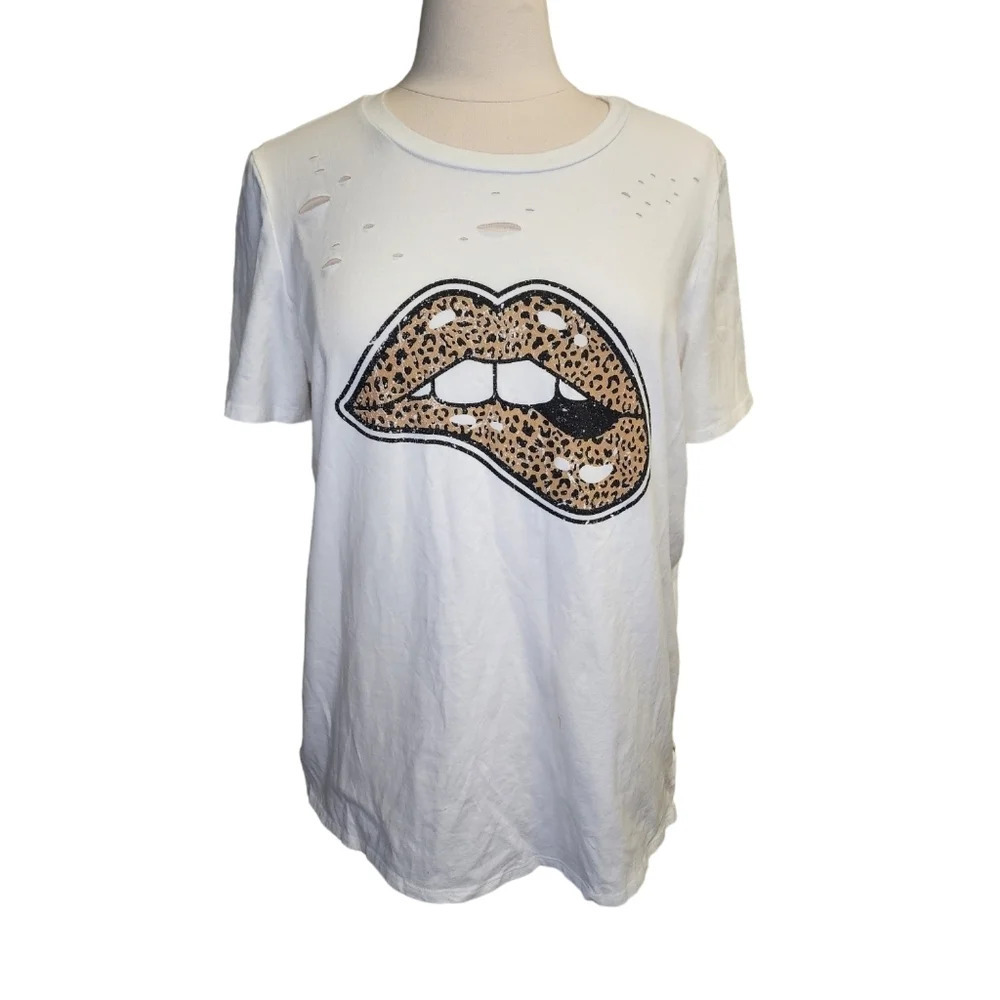 Zutter Lips Are Sealed Distressed Leopard Lips Tee Size Large F395